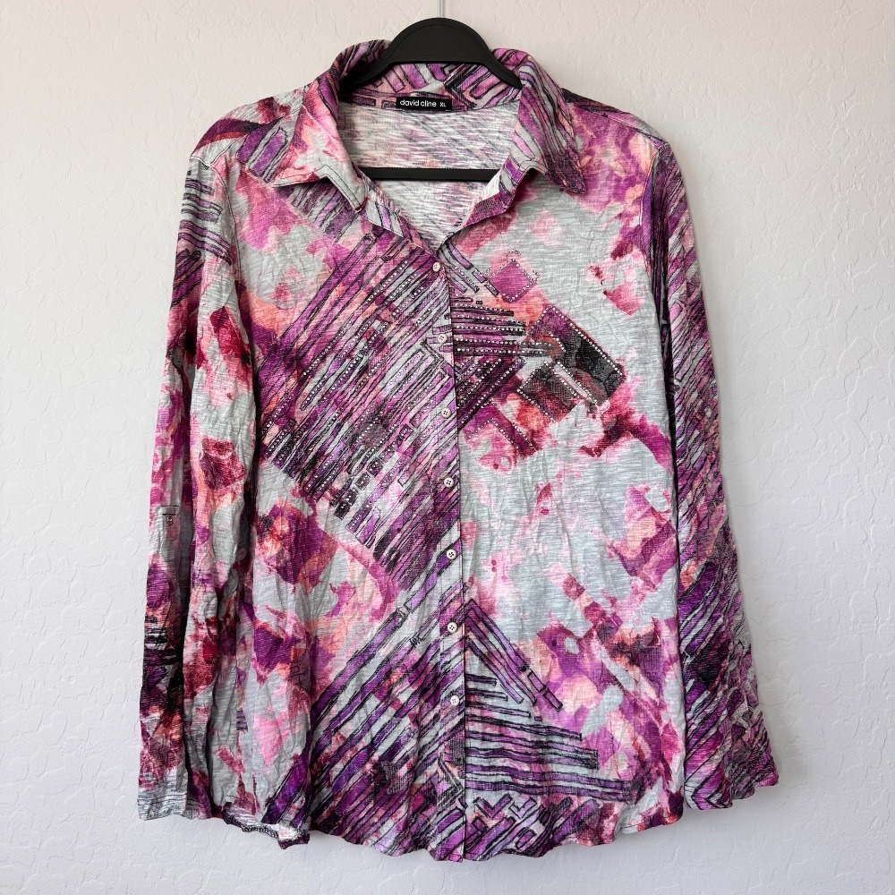 David Cline Snap Button-Up Top‎ Rhinestone Embellished Abstract Print Blouse XL